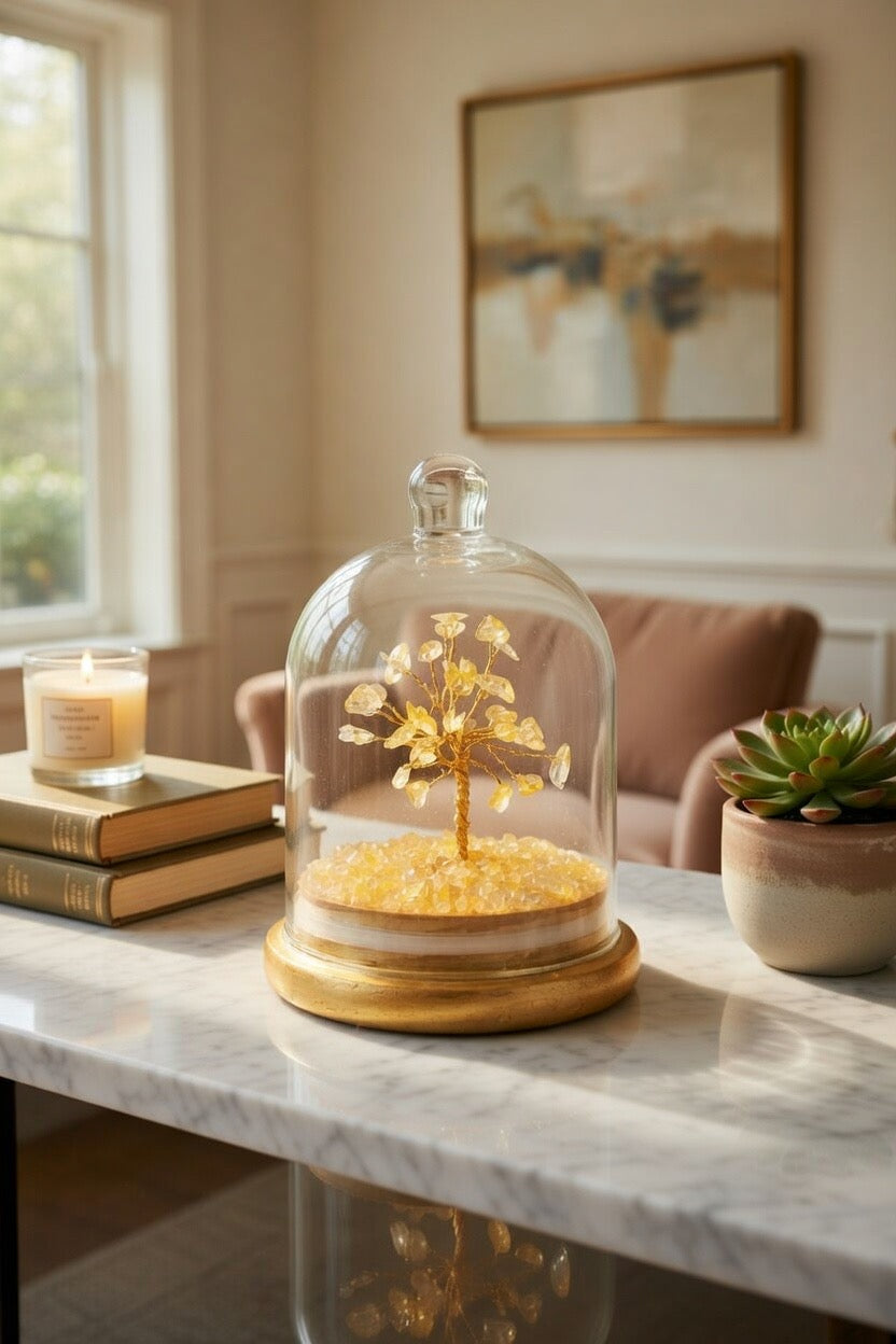 Citrine Natural Crystal Tree (Wealth and Abundance) glass dome cloche style with a decorative box base by Leeshade