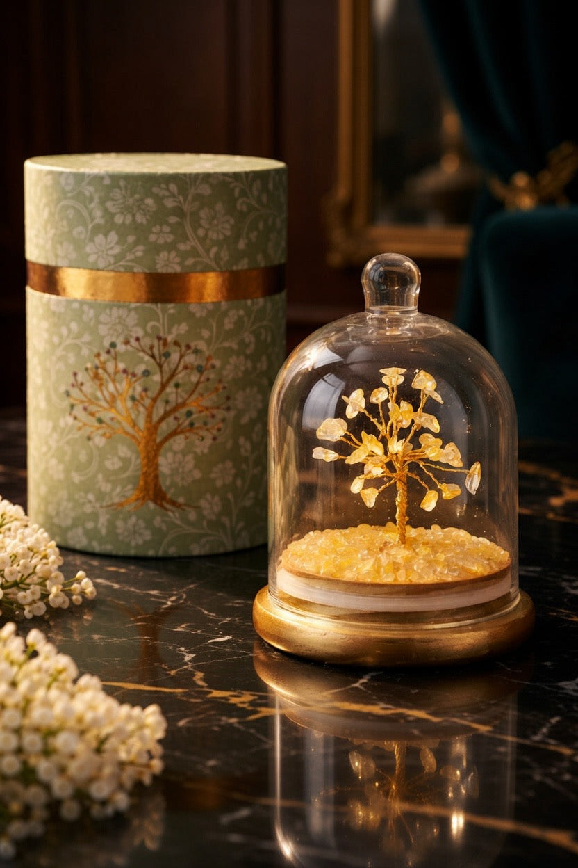 Citrine Natural Crystal Tree (Wealth and Abundance) glass dome cloche style with a decorative box base by Leeshade