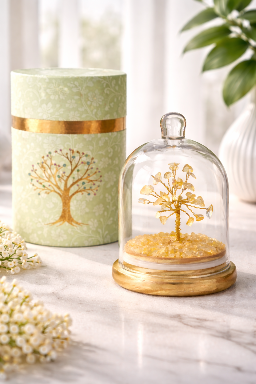 Citrine Natural Crystal Tree (Wealth and Abundance) glass dome cloche style with a decorative box base by Leeshade